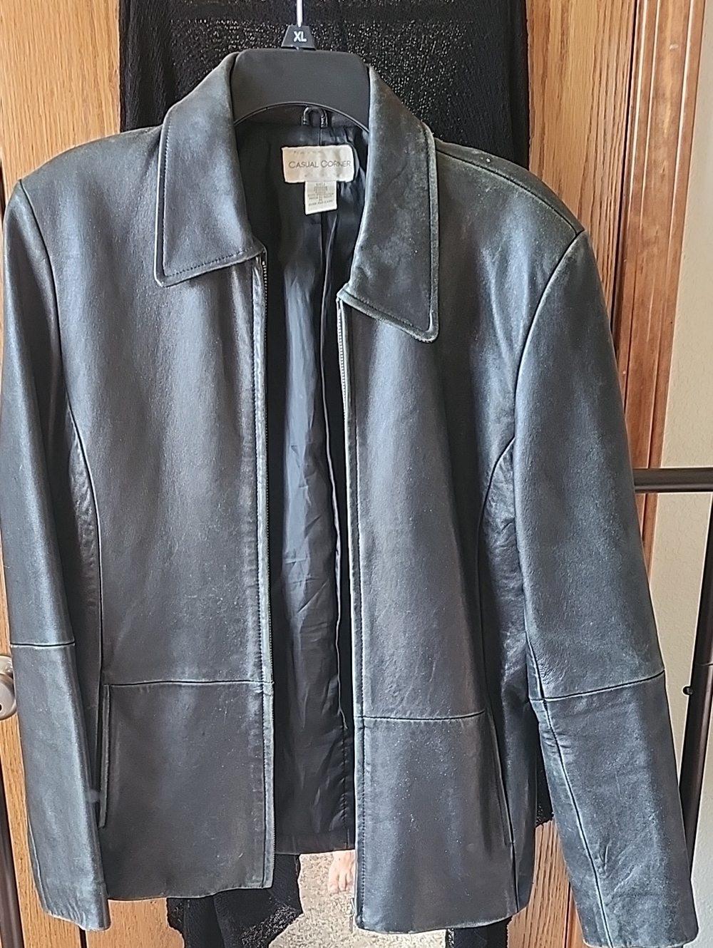 Casual Corner Black Leather Bomber Jacket